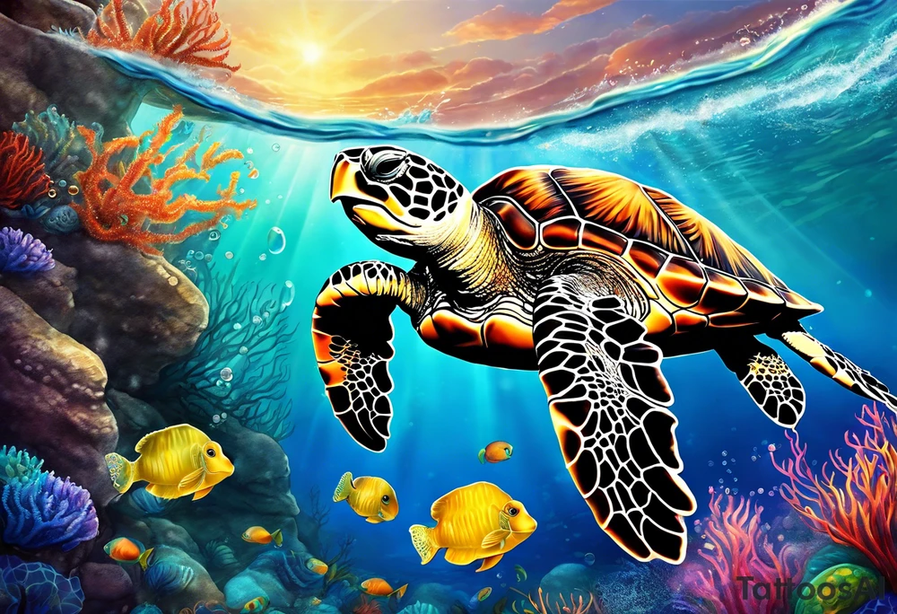 large sea turtle swimming from left to right with corral around it and bubbles from the ocean water, plus next to it is a colorful jellyfish with long flowing tentacles tattoo idea