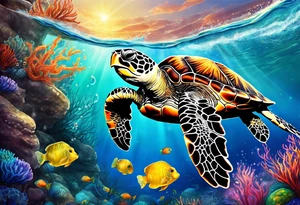 large sea turtle swimming from left to right with corral around it and bubbles from the ocean water, plus next to it is a colorful jellyfish with long flowing tentacles tattoo idea