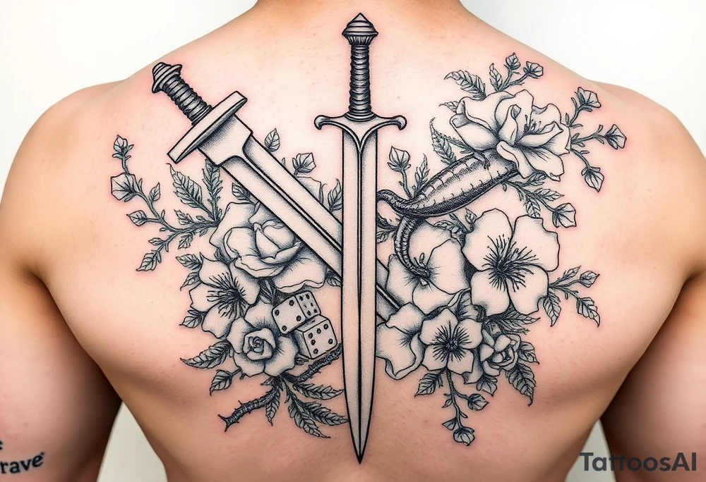 knightand sword and squid intertwined with climbing roses and thorny vines with cherry blossoms rolling dice tattoo idea