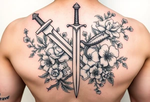 knightand sword and squid intertwined with climbing roses and thorny vines with cherry blossoms rolling dice tattoo idea