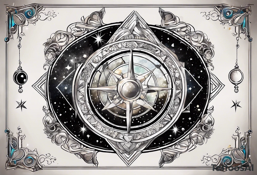 Matter, energy, space and time with an old stone theta symbol with stars in the background and Scorpio constellation tattoo idea