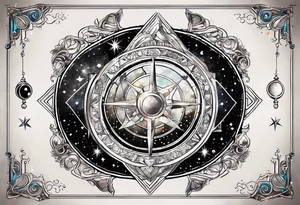 Matter, energy, space and time with an old stone theta symbol with stars in the background and Scorpio constellation tattoo idea