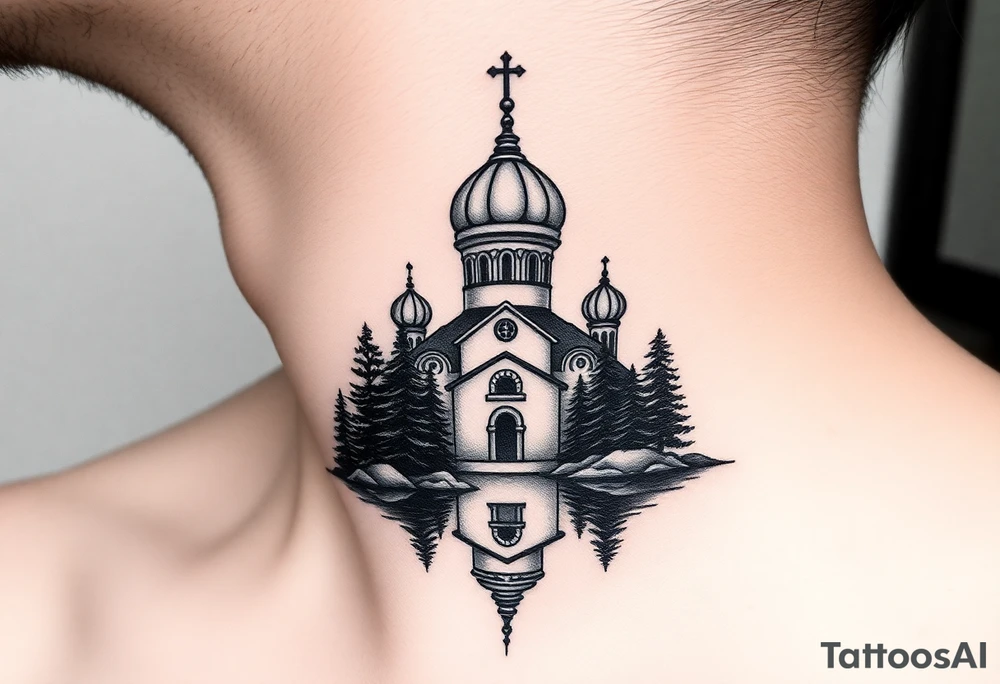 medium sized russian orthodox dome church with a separated virgin mary with a lake and pine trees on the sized of my neck tattoo idea