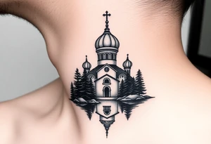 medium sized russian orthodox dome church with a separated virgin mary with a lake and pine trees on the sized of my neck tattoo idea