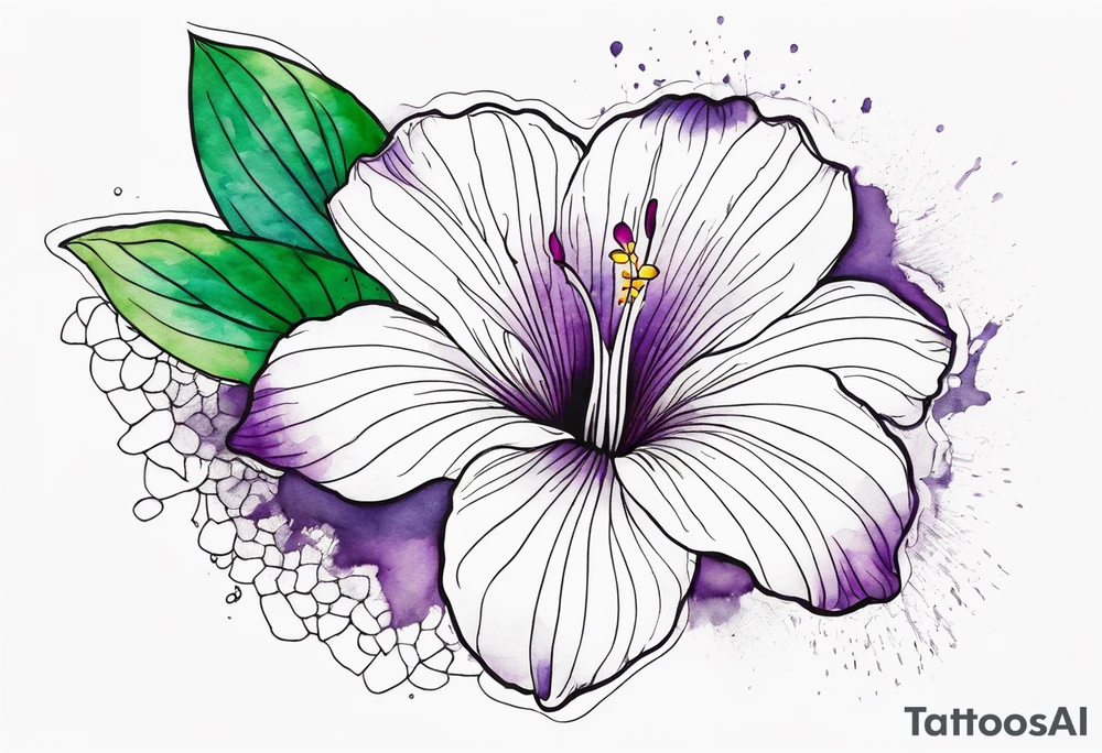 An outline of a rio dipladenia flower with a green and purple watercolor splash in the background tattoo idea