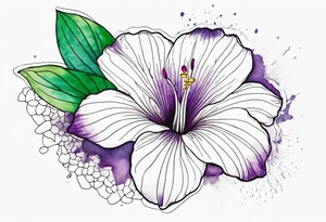 An outline of a rio dipladenia flower with a green and purple watercolor splash in the background tattoo idea