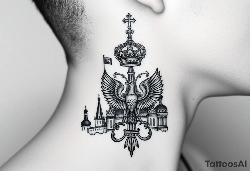 St. George 
3 russian imperial crowns above the Russian coat of arms double eagle
Russian sabre
The Kremlin or St. Basil's Cathedral scene 
on the side of my neck tattoo idea