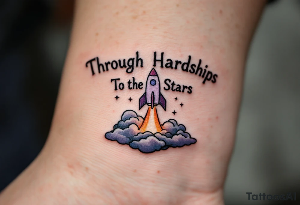 The phrase “Through Hardships To the Stars” in serif black is tattooed beneath a violet rocket ship breaking past a gray cloud. tattoo idea