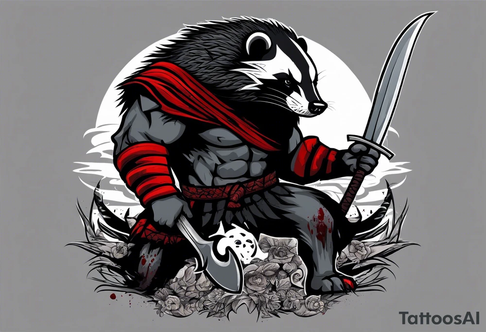 Draw me psychopath Honey Badger/Berserker with aggressive full body, killer face with a scary smile, very long nails and he attacks like a Bloody Assassin/Warrior/Gladiator to us and also, he has very deadly looking. He fights with his nails. Everybody scares after their first sight. Give me horror type Badger Tattoo. I want to see his Realistic full body. tattoo idea