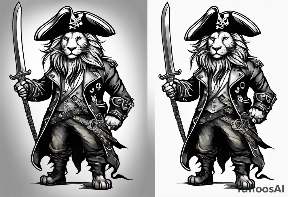 Pirate lion wearing jacket, sword and pistol, nautical steampunk theme. dreadlocks. tattoo idea