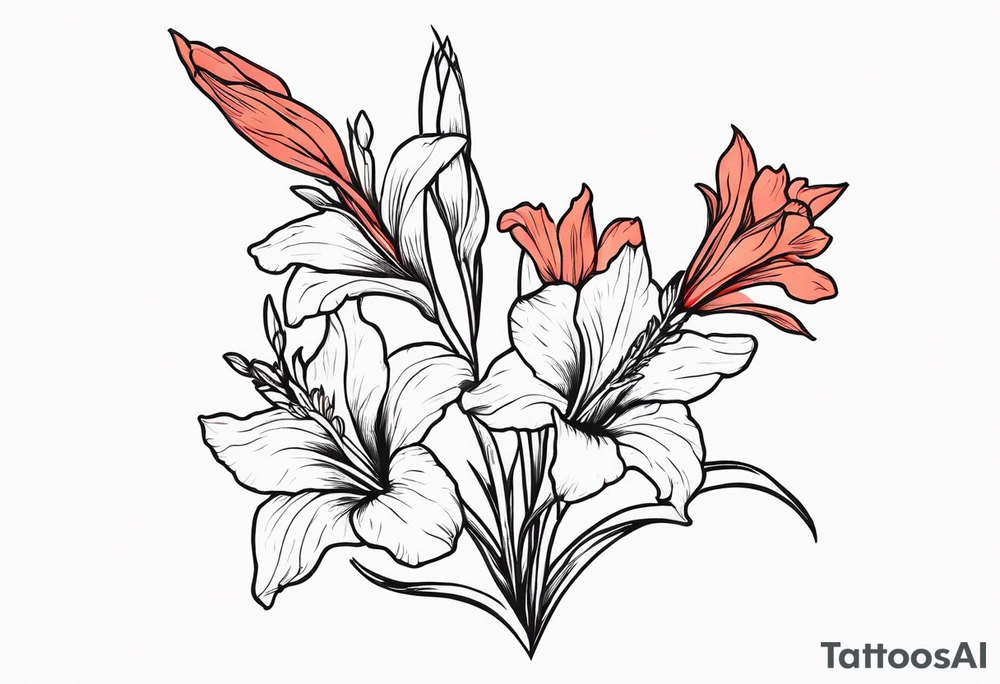 a thin narrow gladiolus with coral-colored flowers with red centers tattoo idea
