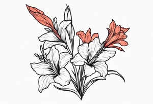 a thin narrow gladiolus with coral-colored flowers with red centers tattoo idea
