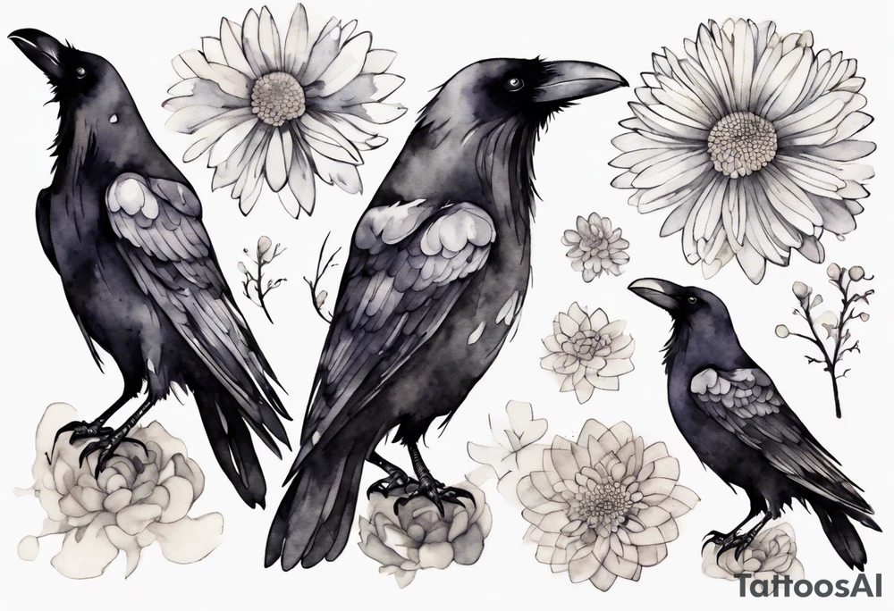 a raven wearing a tiny white chrysanthemum tattoo idea