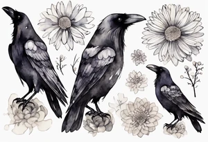 a raven wearing a tiny white chrysanthemum tattoo idea