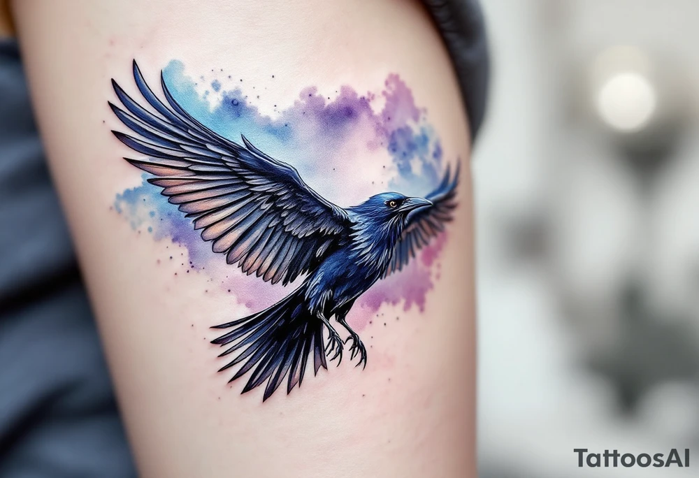 Flying Crow with Watercolor Sky – A crow in mid-flight with extended wings, surrounded by a background of soft watercolor blues, purples, and pinks for a dreamy atmosphere. tattoo idea