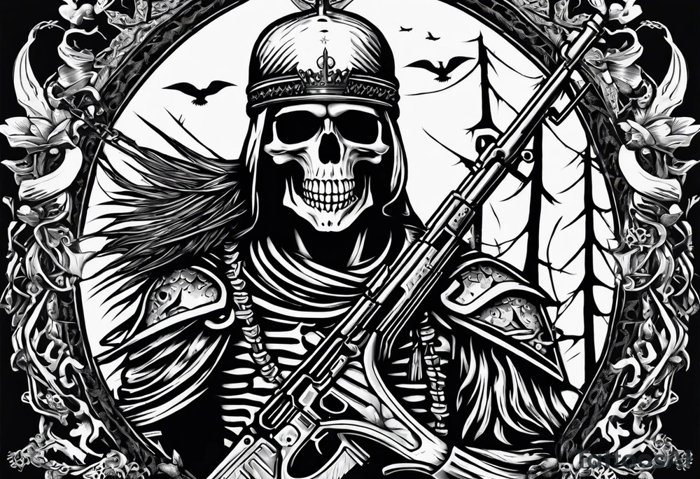image of a skeleton standing frontally with a crown on his head, holding an AK-47 on his shoulder with his right hand. The chain on the left should be taut, there are three angry barking Dobermans in it, near the waist tattoo idea