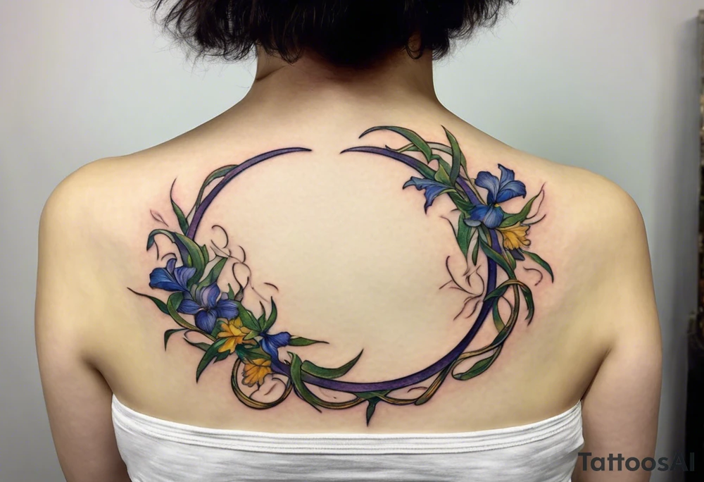 Create a small, colorful Vincent van Gogh Irises tattoo in the form of a crescent, with vines in Celtic knot style gracefully intertwining at a central point in the middle of the wreath. The intended placement is on the upper chest. The middle needs mountains. The overall design should be small in size while maintaining a delicate and artistic aesthetic. Pay attention to the graceful flow of the vines and the placement of the irises to achieve a refined and elegant look. tattoo idea
