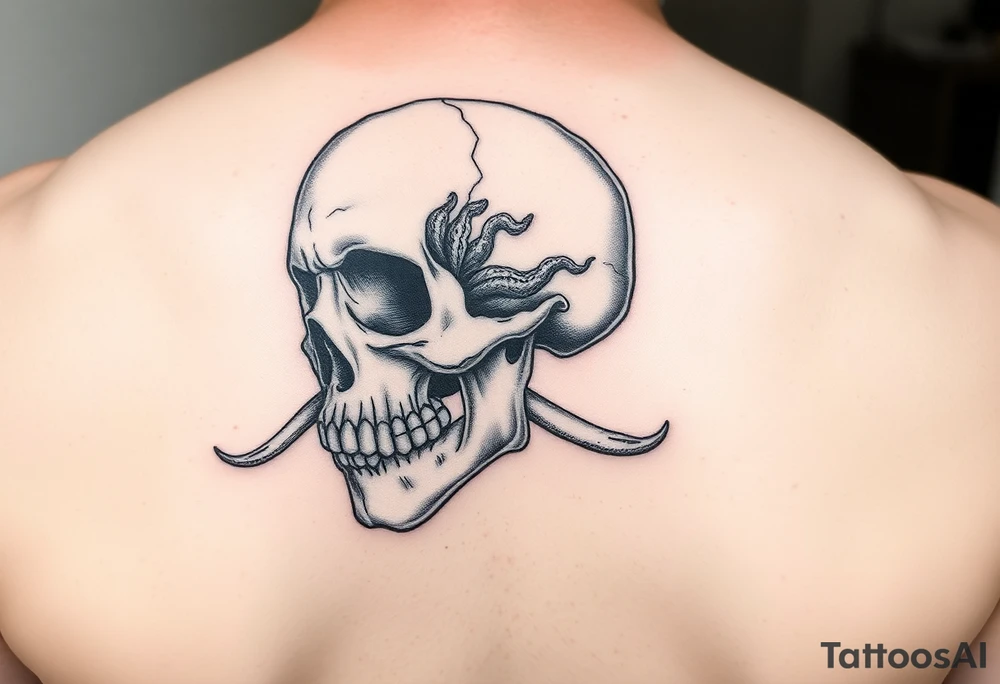 left side of a skull with cordyceps fungus out of its eyes and mouth tattoo idea