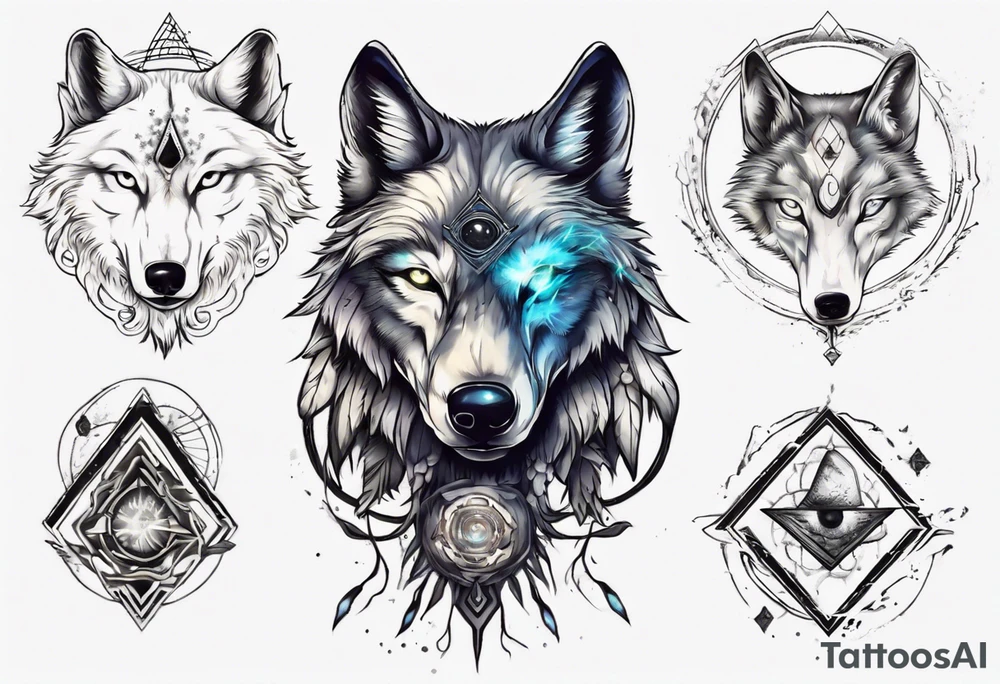 A wolf with a glowing pineal gland and spiritual symbolism tattoo idea