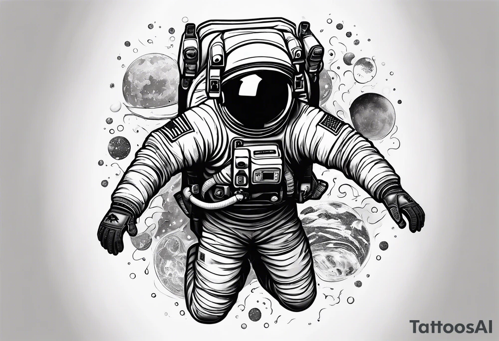 An astronaut floating upside down with 1990's air jordan shoes on his feet tattoo idea