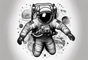 An astronaut floating upside down with 1990's air jordan shoes on his feet tattoo idea
