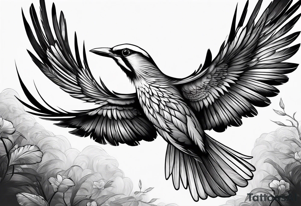 elegant long feathered bird in flight tattoo idea