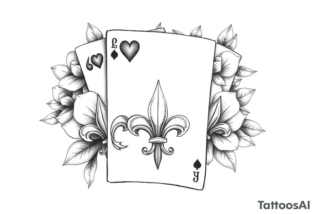 6 of hearts card with fleur de lis as the hearts and magnolias in the background tattoo idea