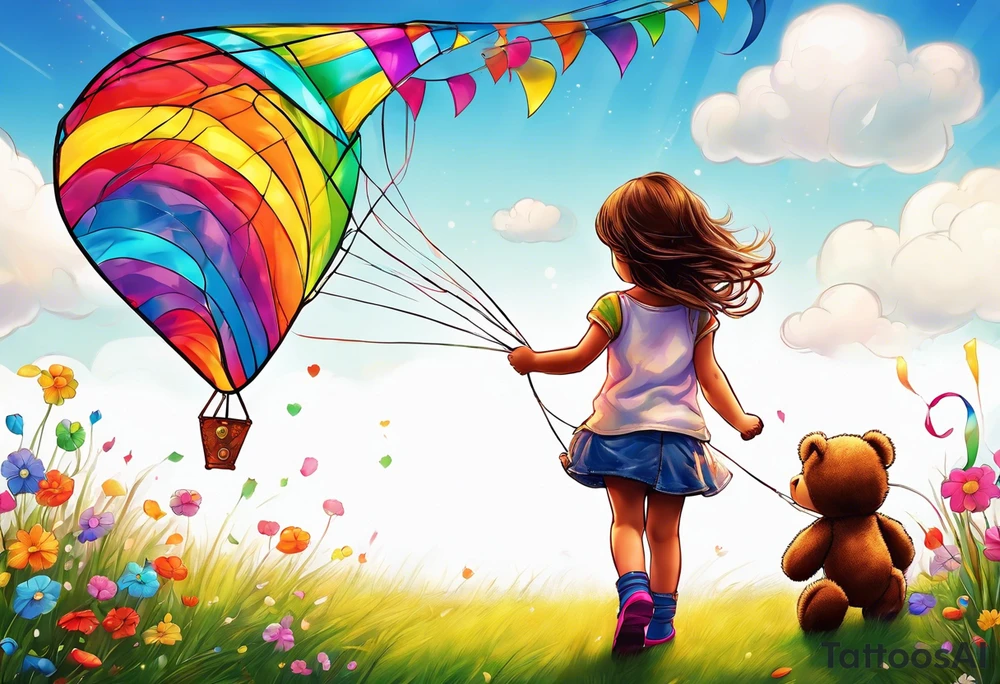 the image of a little girl facing away, flying a kite, with a teddy bear wearing rainbow boots tattoo idea