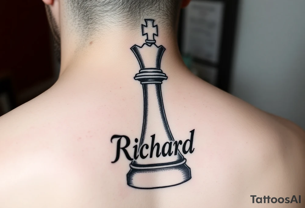 A king chess piece with the name Richard incorporated into the bottom of the piece tattoo idea