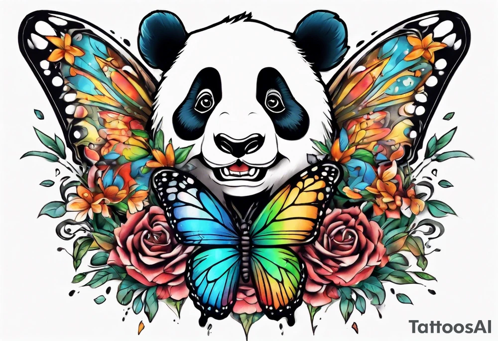 fun panda with colors chasing butterfly tattoo idea