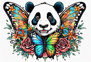 fun panda with colors chasing butterfly tattoo idea