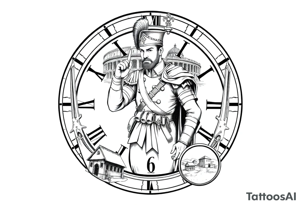 Imaginez une horloge affichant 6h40, avec des éléments symboliques autour. Au centre, un guerrier de l'époque napoléonienne, portant un uniforme traditionnel, se tient fier et déterminé. En arrière-plan, on peut voir des éléments architecturaux de Rome, comme le Colisée, qui évoquent la grandeur de l'Empire romain. À côté du guerrier, des armes emblématiques, telles que des sabres et des fusils, sont disposées. Enfin, dans le coin inférieur de l'image, des références aux guerres en Afrique, comme des paysages désertiques ou des cartes anciennes, ajoutent une dimension historique à l'ensemble. tattoo idea