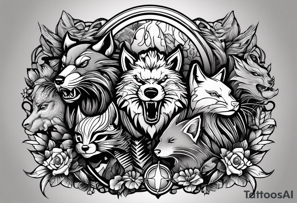 a super hero team which is combination of animals.
One is Badger/Wolverine One is Bull One is Wolf One is Axolotl One is Canary One is Lizard One is Cat tattoo idea