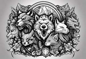 a super hero team which is combination of animals.
One is Badger/Wolverine One is Bull One is Wolf One is Axolotl One is Canary One is Lizard One is Cat tattoo idea