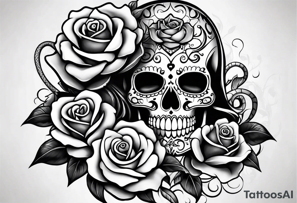 Sugar skull with a rose and a snake tattoo idea
