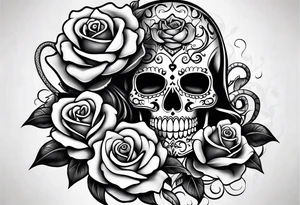 Sugar skull with a rose and a snake tattoo idea
