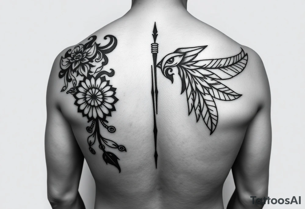 Can you help me design my next tattoo? I already have Polynesian-style tattoos covering left shoulder blade and second in the middle of back going along the spine up till my neck, and I’m looking for ideas to fill the white space between them. I haven’t been able to come up with anything that works.

I’d like the new elements to be in a different style than Polynesian, but still visually cohesive so they complement the existing tattoos rather than clash with them. tattoo idea