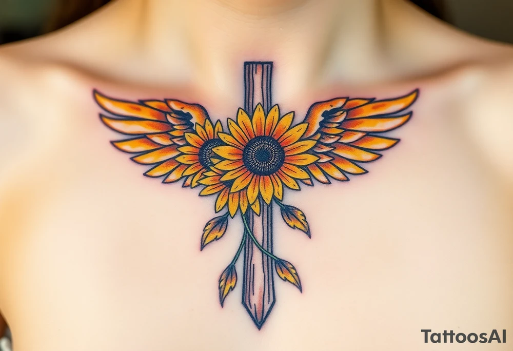 A rustic cross with sunflowers intertwined, with warm yellow and golden-brown angel wings. tattoo idea