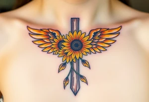 A rustic cross with sunflowers intertwined, with warm yellow and golden-brown angel wings. tattoo idea