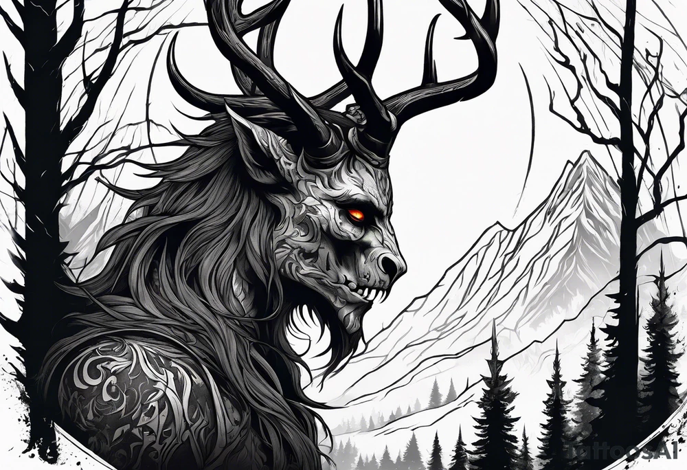 A spooky dead lore accurate wendigo side profile surrounded by a forest fire in background tattoo idea