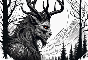 A spooky dead lore accurate wendigo side profile surrounded by a forest fire in background tattoo idea