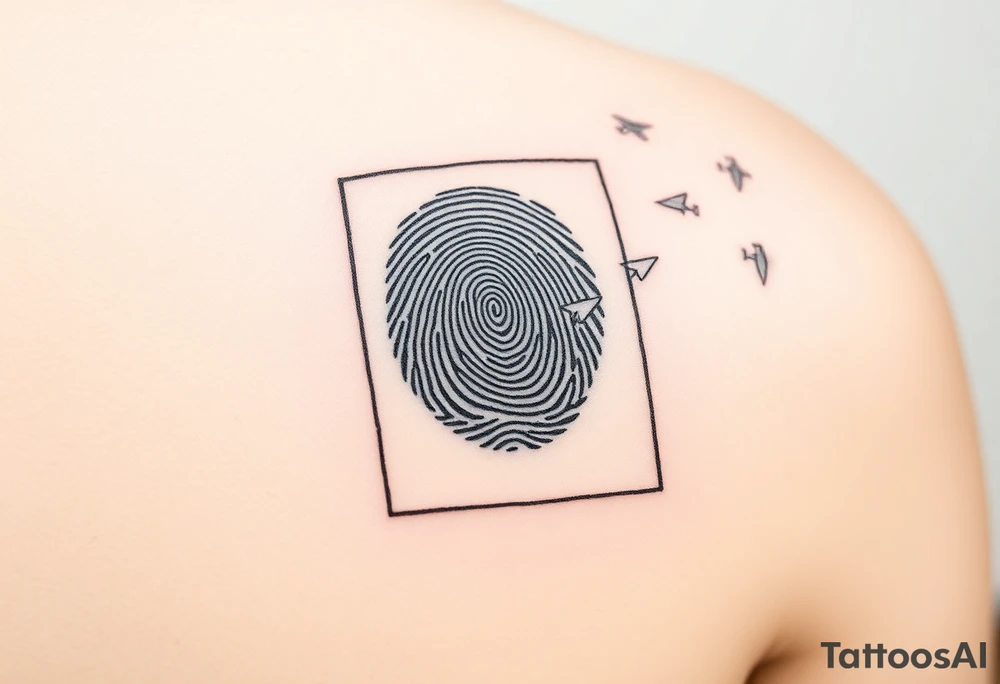 A rectangular or oval frame enclosing the fingerprint. Small planes fly out as if escaping or being released from the frame’s corner.

Signature: Etched into the bottom of the frame like an engraving. tattoo idea