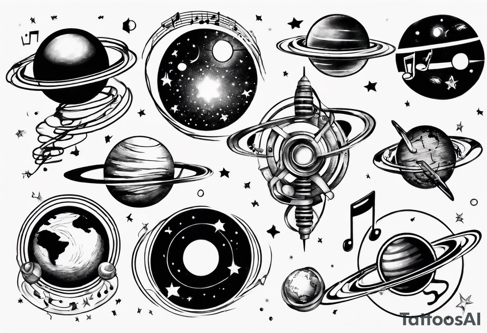 Music spinning around a planet in space tattoo idea