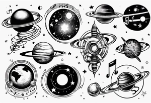 Music spinning around a planet in space tattoo idea