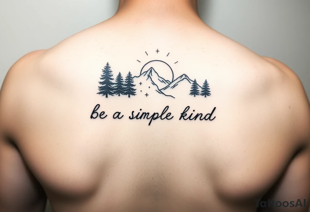 A minimalist tattoo with the words ‘Be a Simple Kind of Man’ in handwritten script, framed by pine trees, mountains, and a rising sun. Evokes peaceful strength and humility. Fine line blackwork for the forearm. Show me it on a forearm tattoo idea