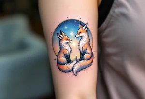 Two twin foxes curled around a glowing Gemini glyph, their fur blending into a cosmic blue and golden gradient tattoo idea