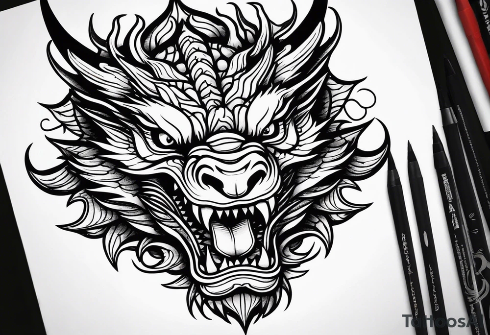 Dragon head facing front, tattoo should look old school Japanese way, dragon mouth should be close. tattoo idea