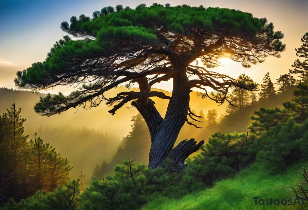 A majestic pine tree standing tall in a serene forest, with vibrant green needles covering only one side of the tree. The other side is stark and bare, with branches exposed and no leaves. The scene is bathed in soft, early morning light, creating a contrast between the lush side and the barren side of the tree. The forest background is dense and green, emphasizing the unique appearance of the pine tree. --v 5 --ar 16:9 --q 2 tattoo idea