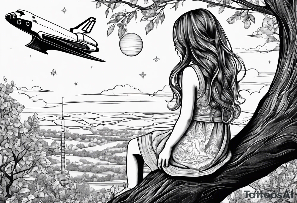 back of small girl in dress with long hair sitting on a tree branch watching a space shuttle launch in the distance tattoo idea
