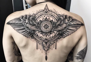 Large symmetrical upper back tattoo that has the main design in yhe upper middle with wings or similar things symmetrically coming down the back shoulders/sides tattoo idea